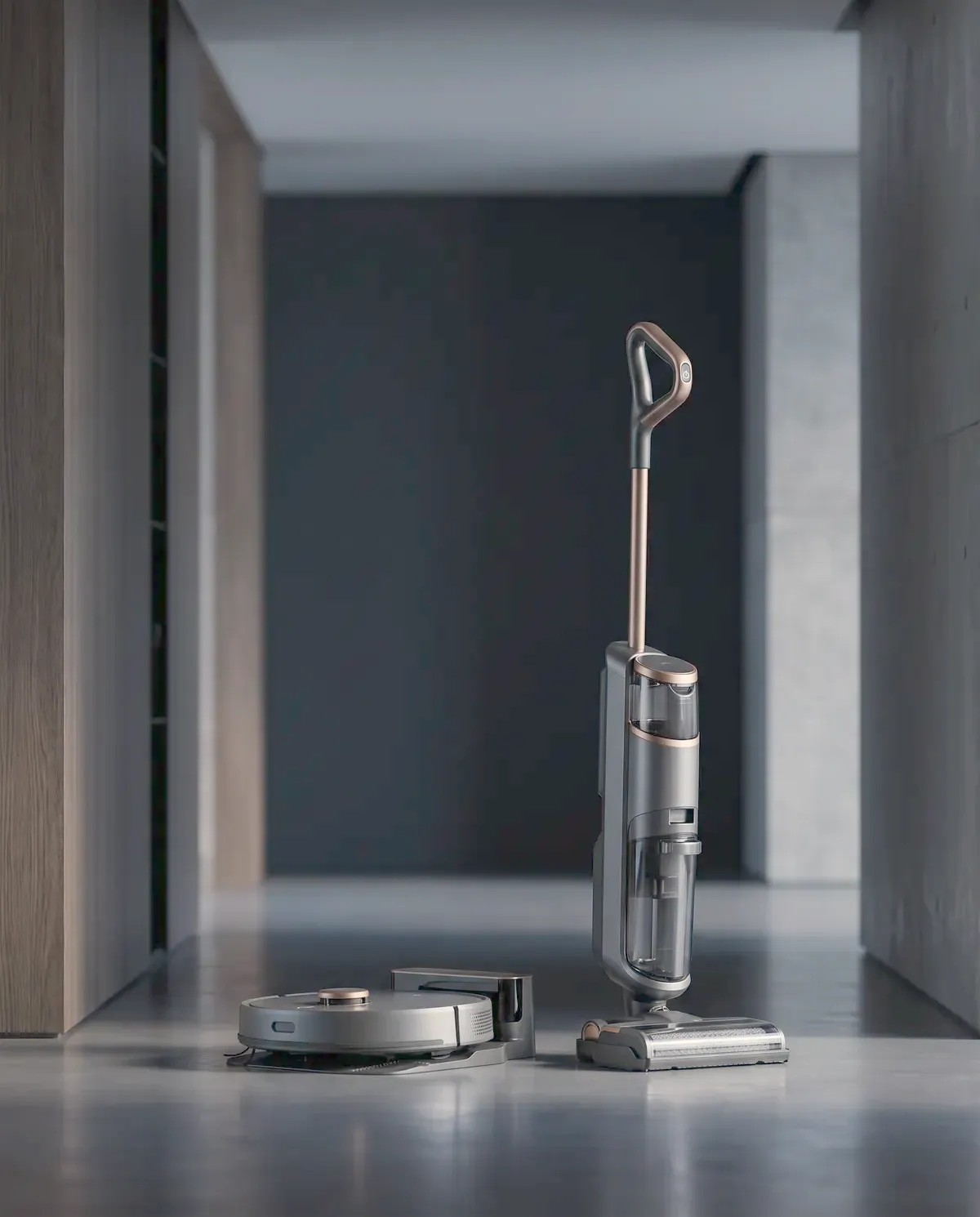 Illustrative photograph of a floor cleaner and robot vacuum dock