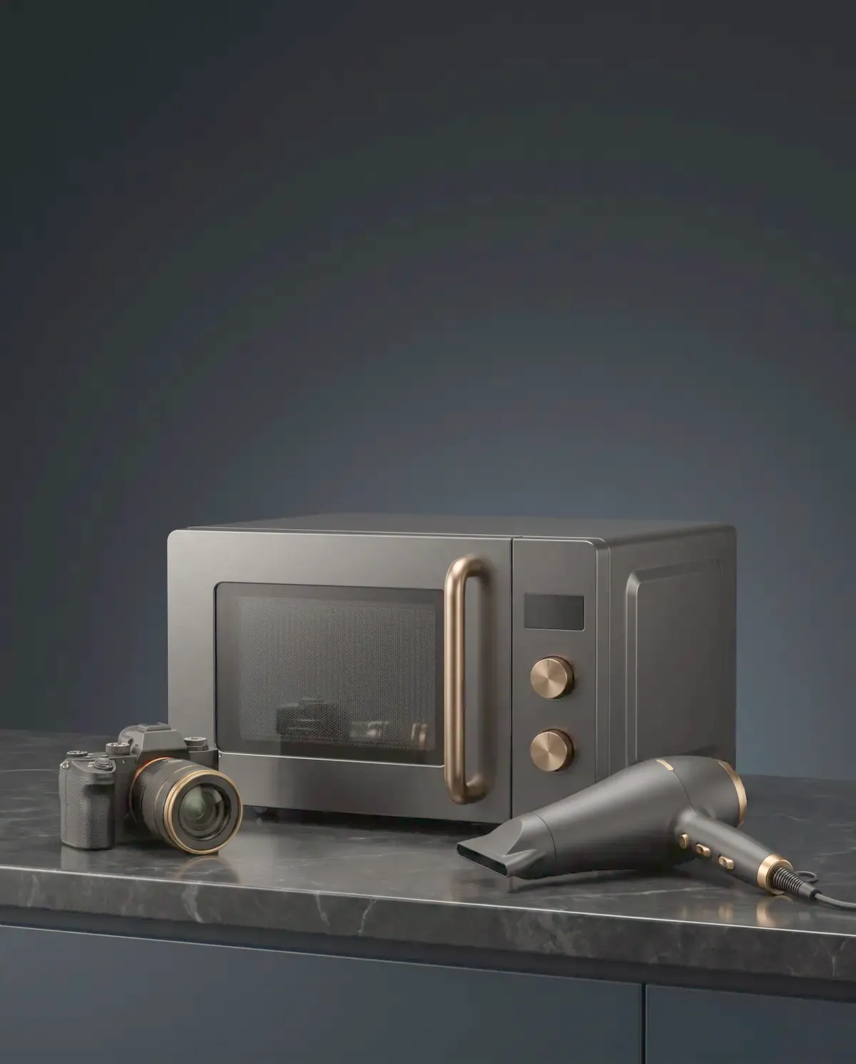 Illustrative photograph of a microwave, camera and hair dryer