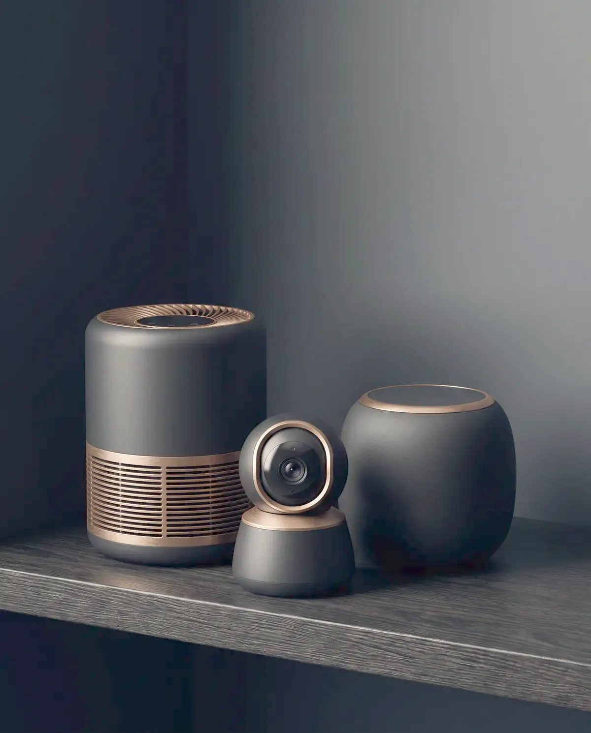 Illustrative photograph of smart home devices on a shelf