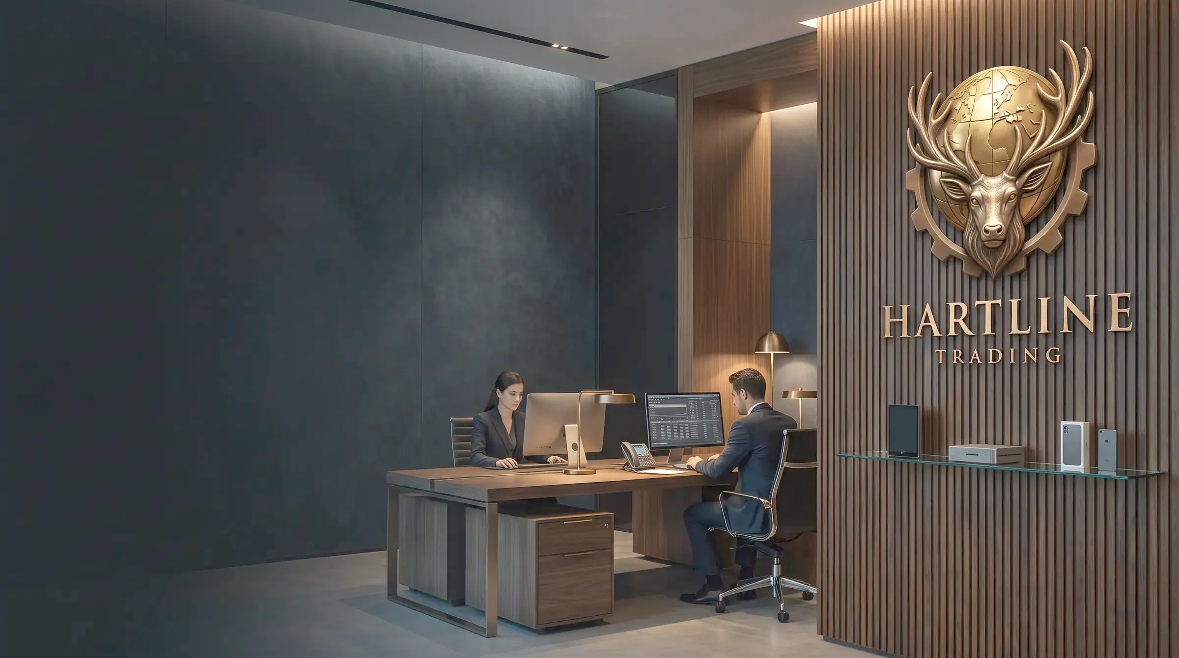 Hartline Trading office with the bronze company emblem on a walnut wall