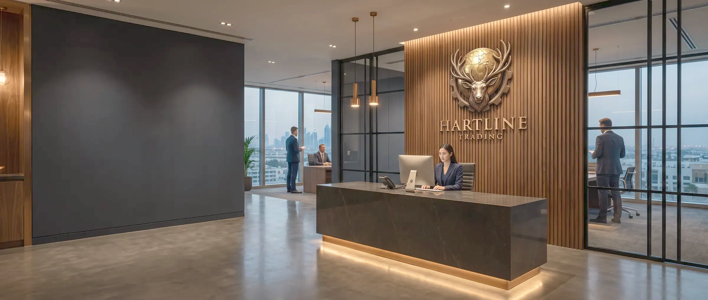 Hartline Trading reception with the bronze emblem on the wall