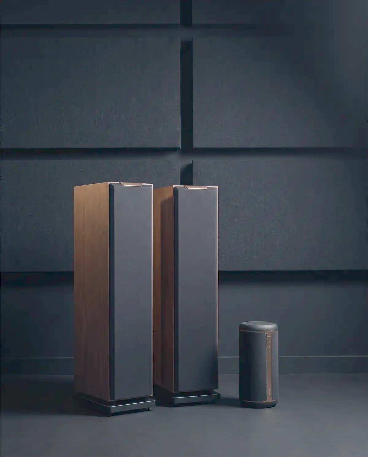 Illustrative photograph of speakers in a dark acoustic room