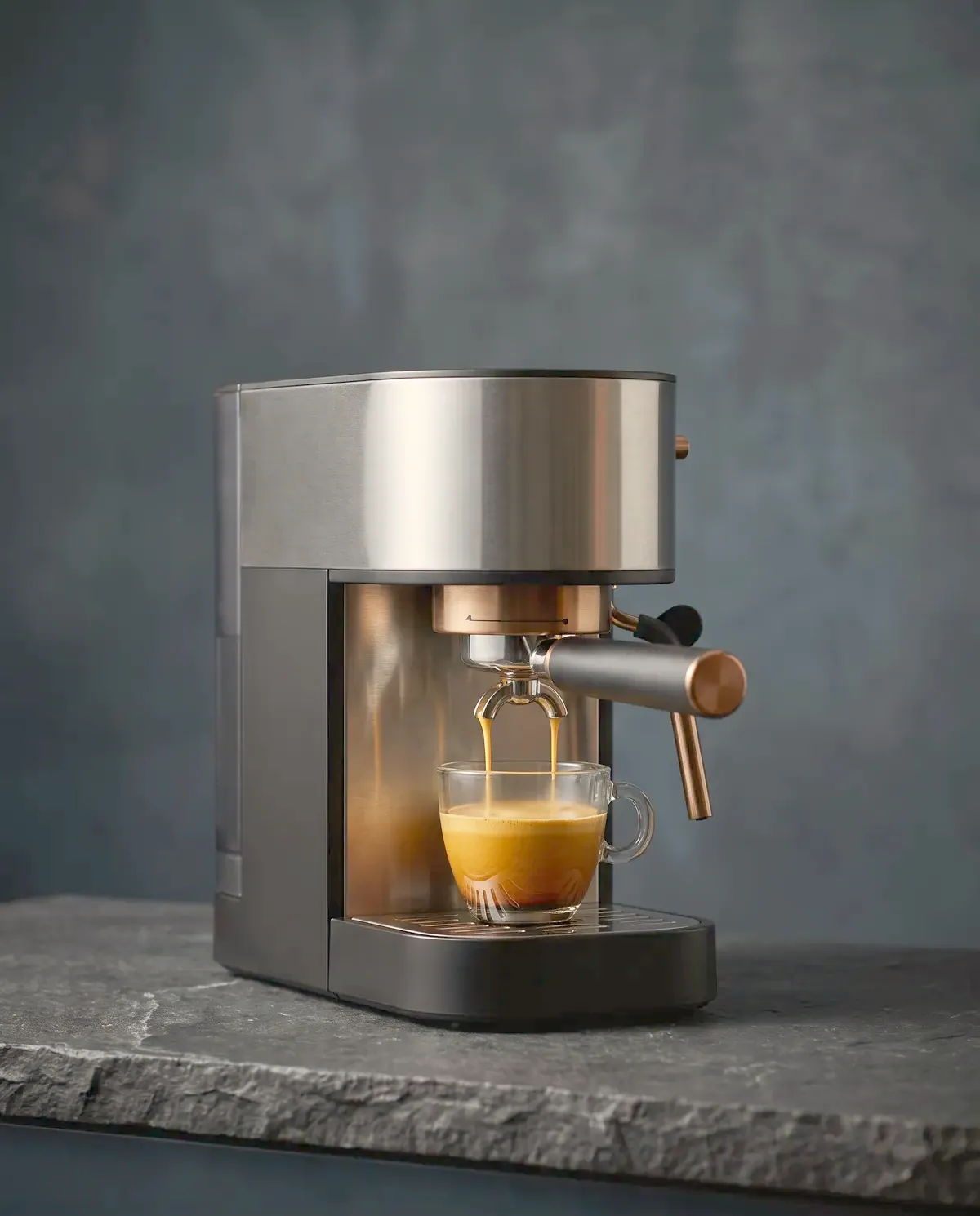 Illustrative photograph of an espresso machine pulling a shot