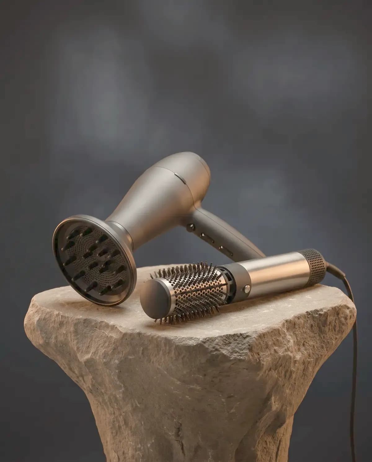 Illustrative photograph of a hair dryer and air styler on a stone pedestal