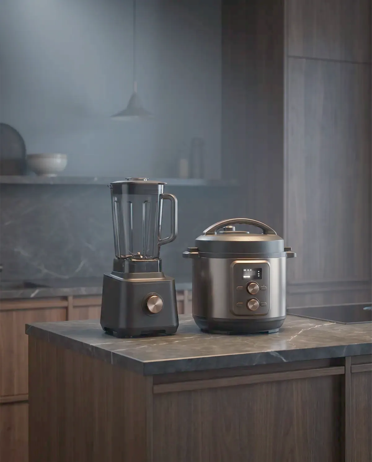 Illustrative photograph of a blender and multi-cooker on a marble island