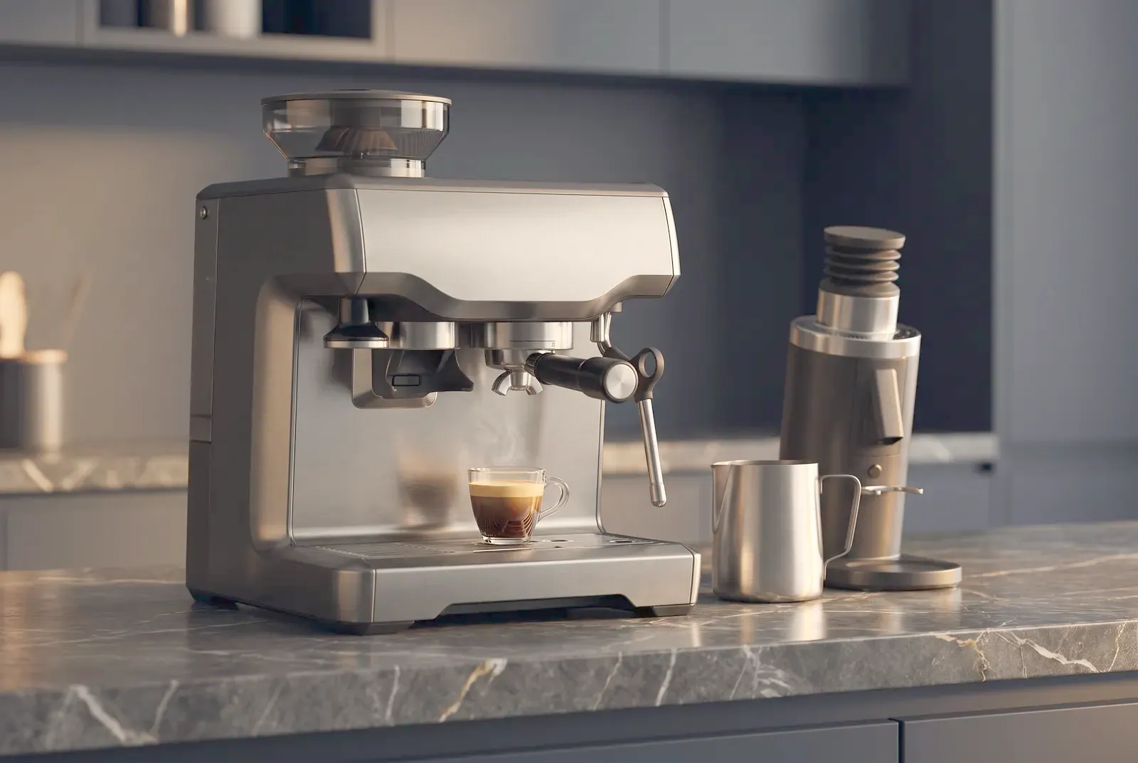 An espresso machine with a fresh espresso, grinder and milk jug on dark marble