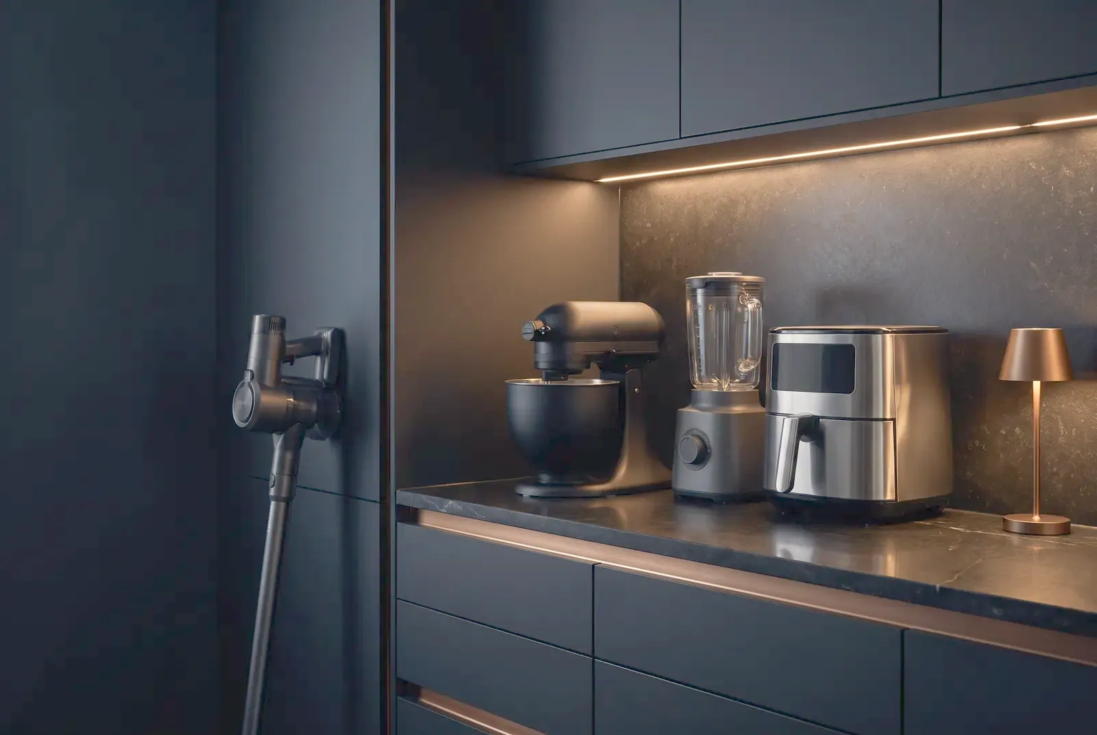 Kitchen appliances including a stand mixer, blender and air fryer on a dark counter