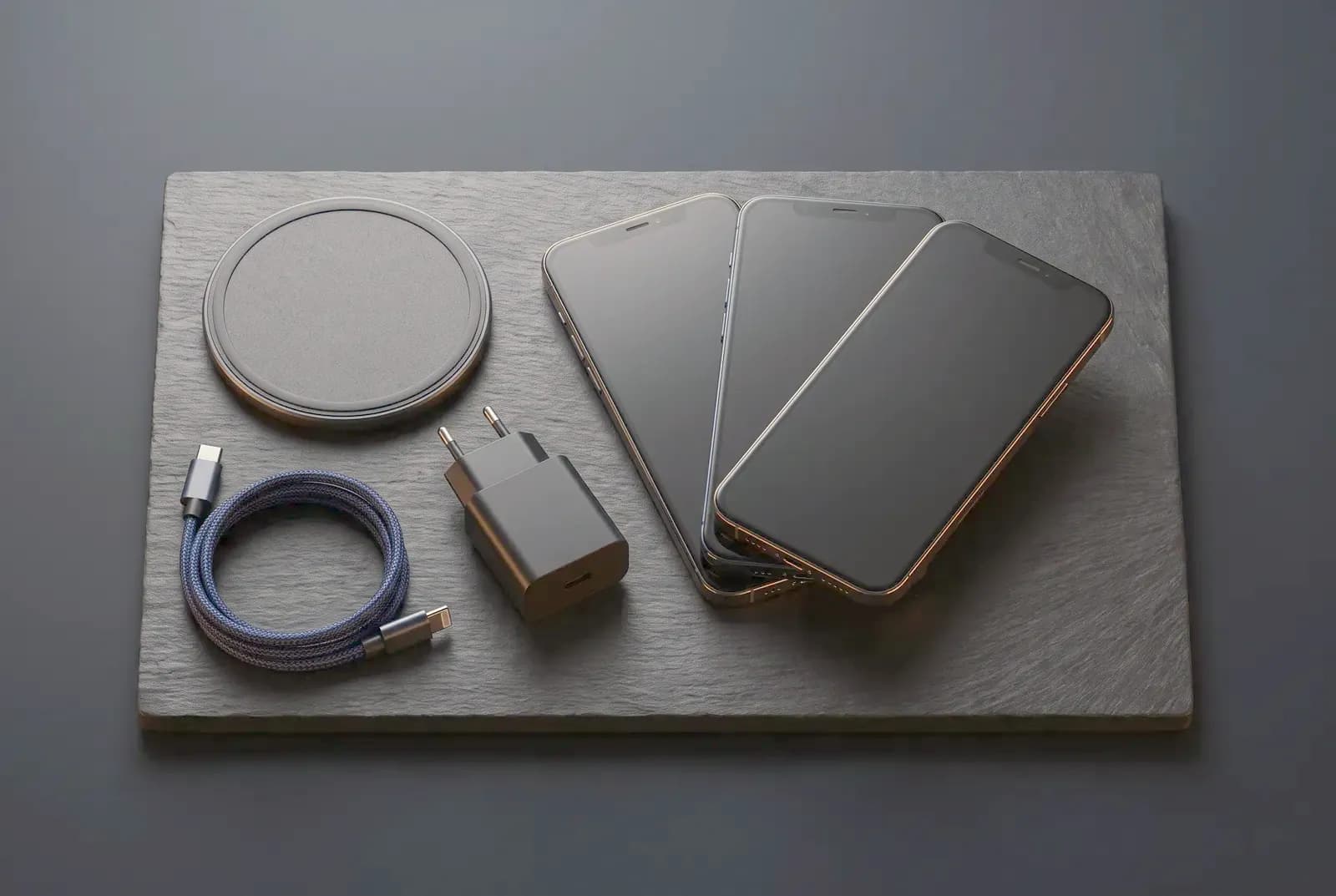 Three smartphones fanned on stone with a wireless charger and cable