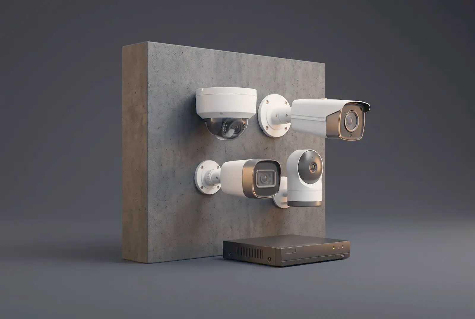 Dome, bullet and indoor security cameras mounted on a concrete wall