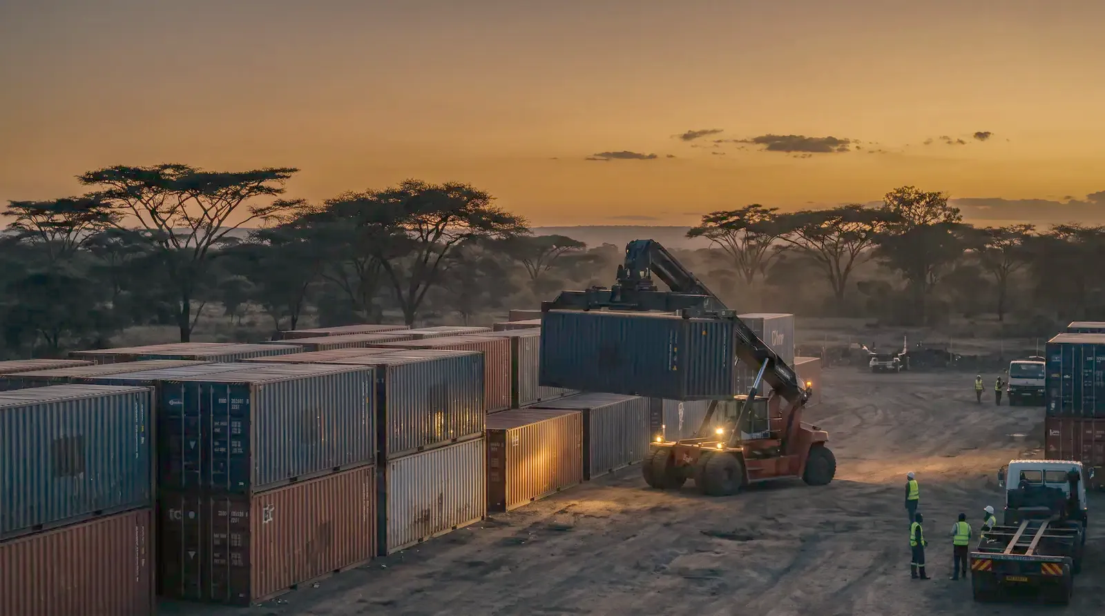 Inland container depot in East Africa at dusk
