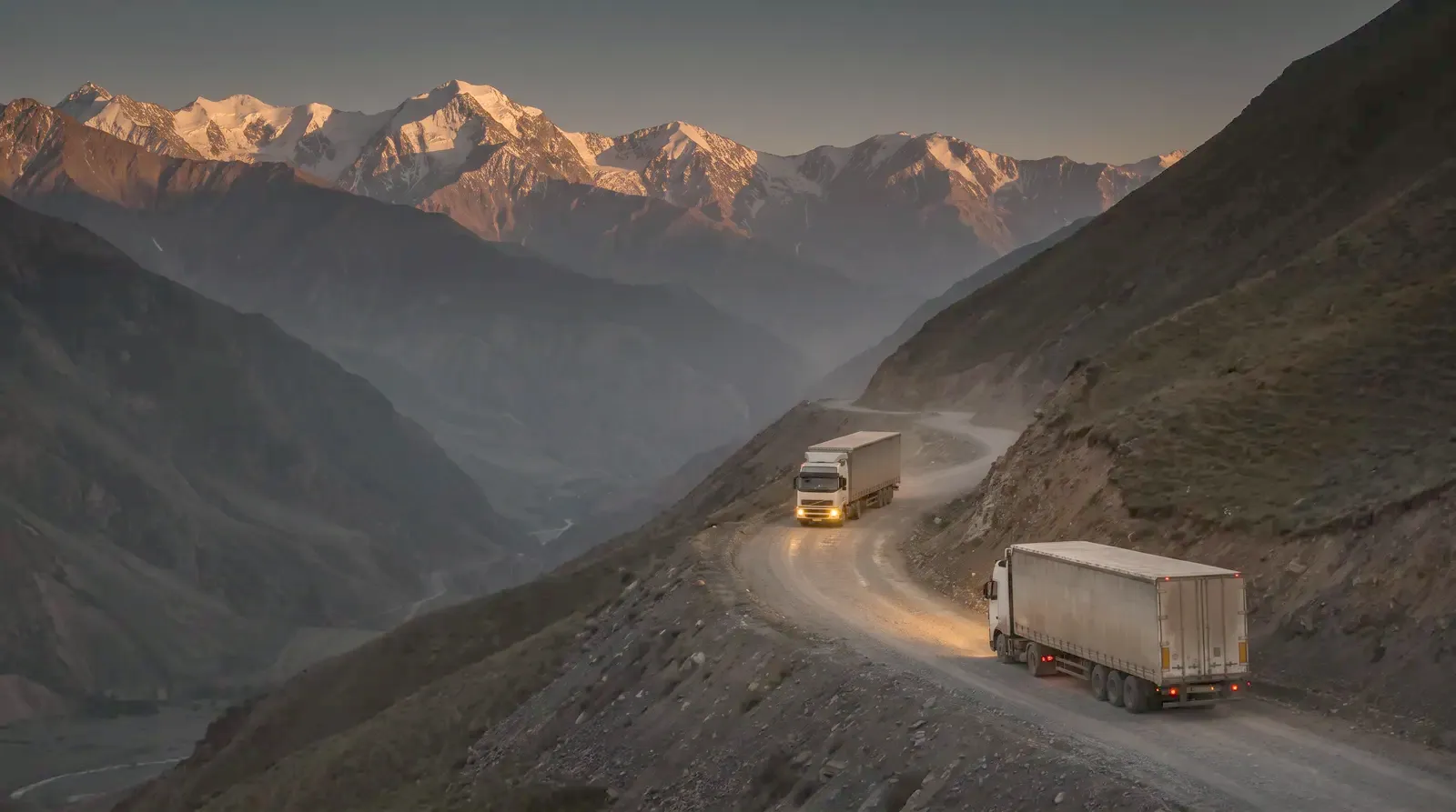 Trucks climbing a mountain pass road at dusk