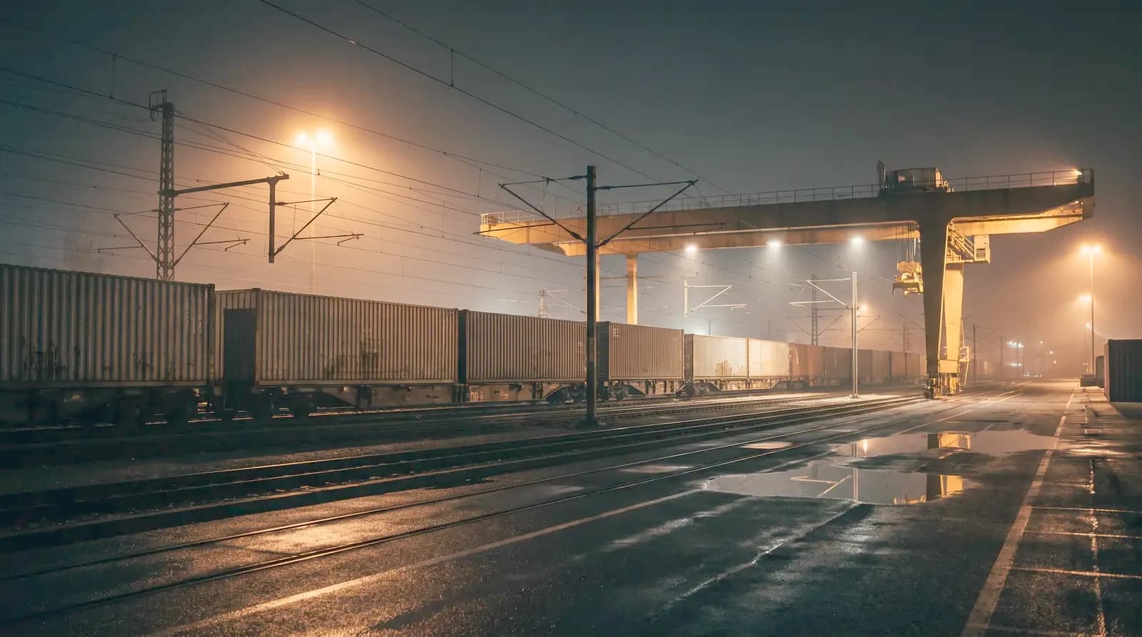 Container train at a European rail freight terminal at night