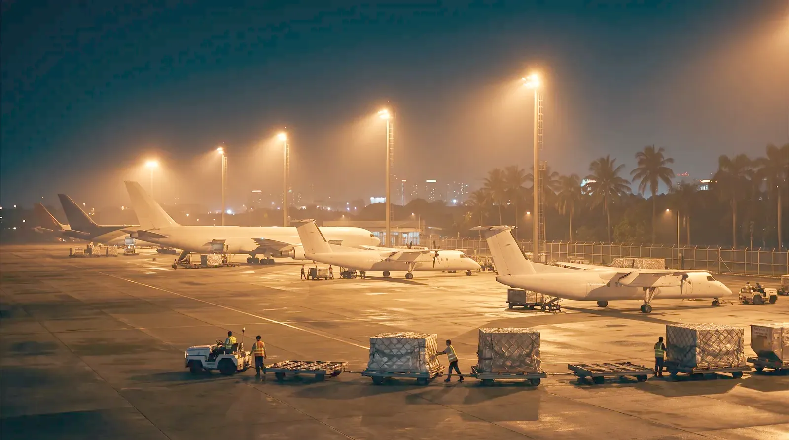 Air cargo terminal apron at night