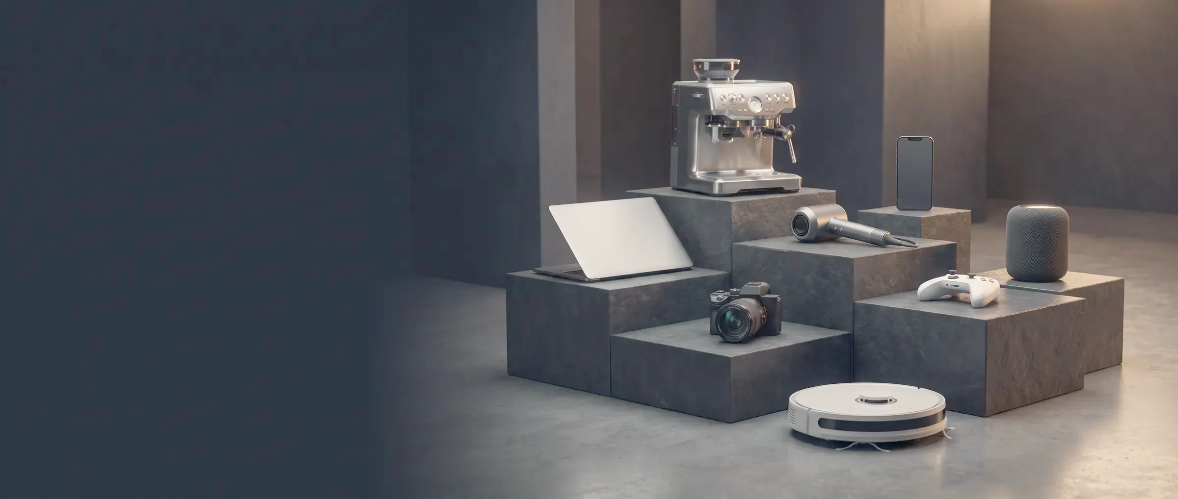 Contemporary electronics and appliances arranged on stone plinths