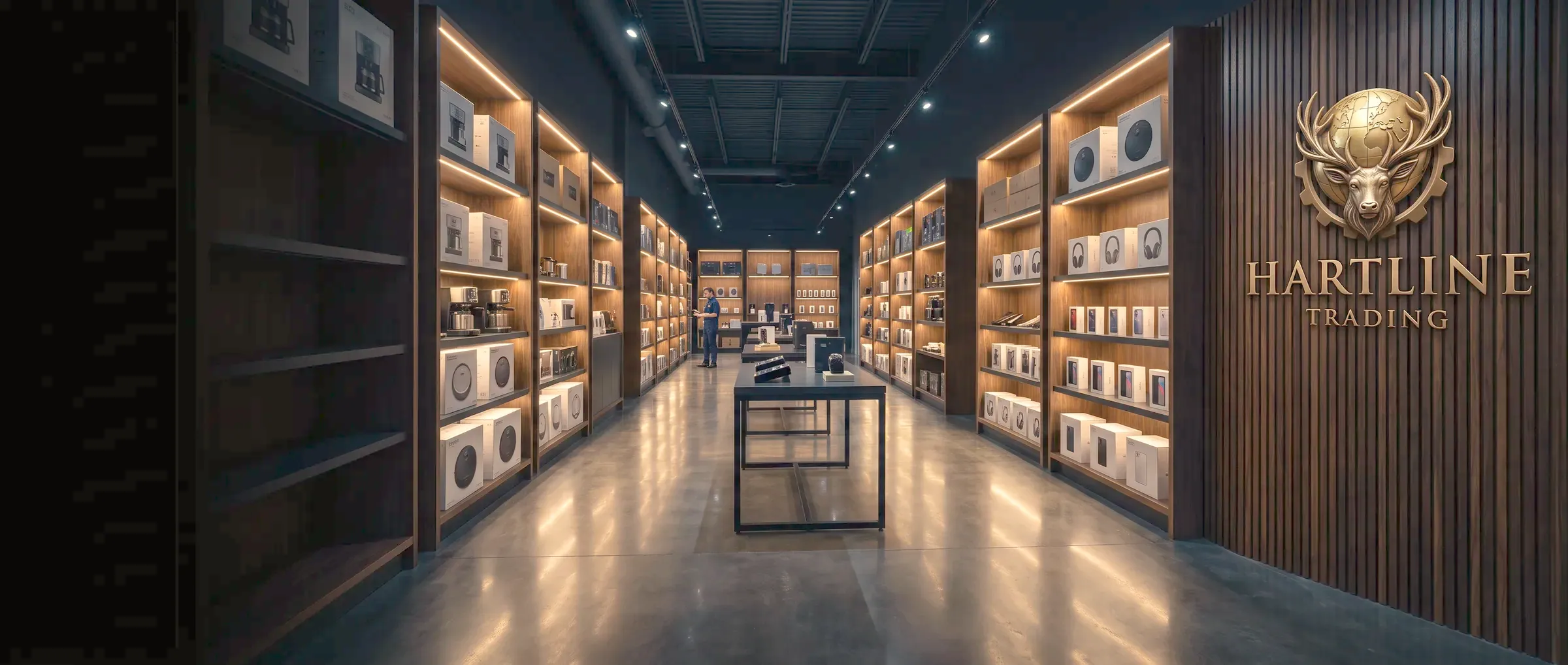 Inside a Hartline Trading store: stocked walnut shelving along a lit aisle, the bronze Hartline emblem on the wall