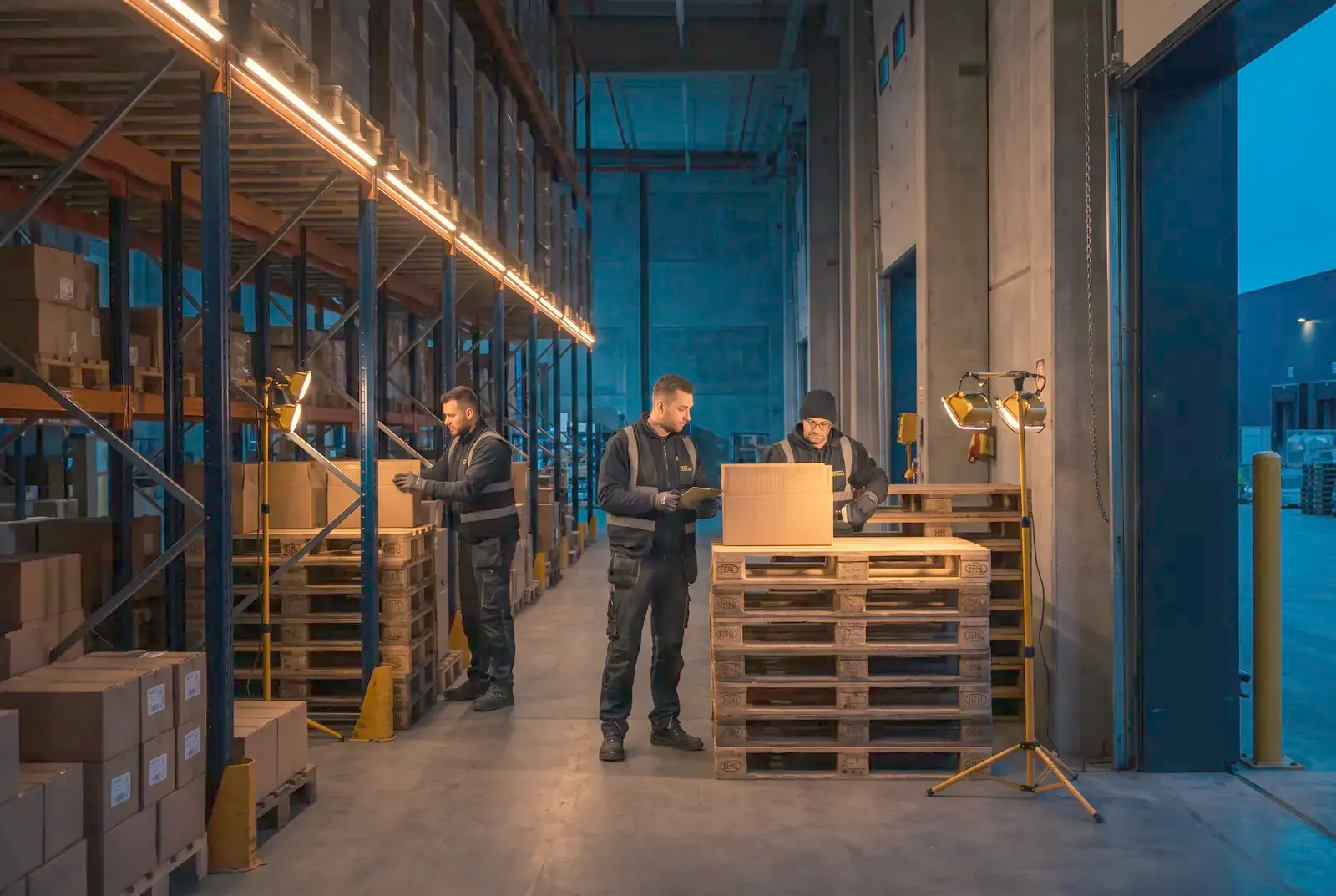 Receiving team checking delivered pallets