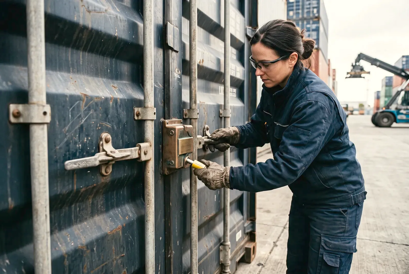 Worker fitting a bolt seal to container doors