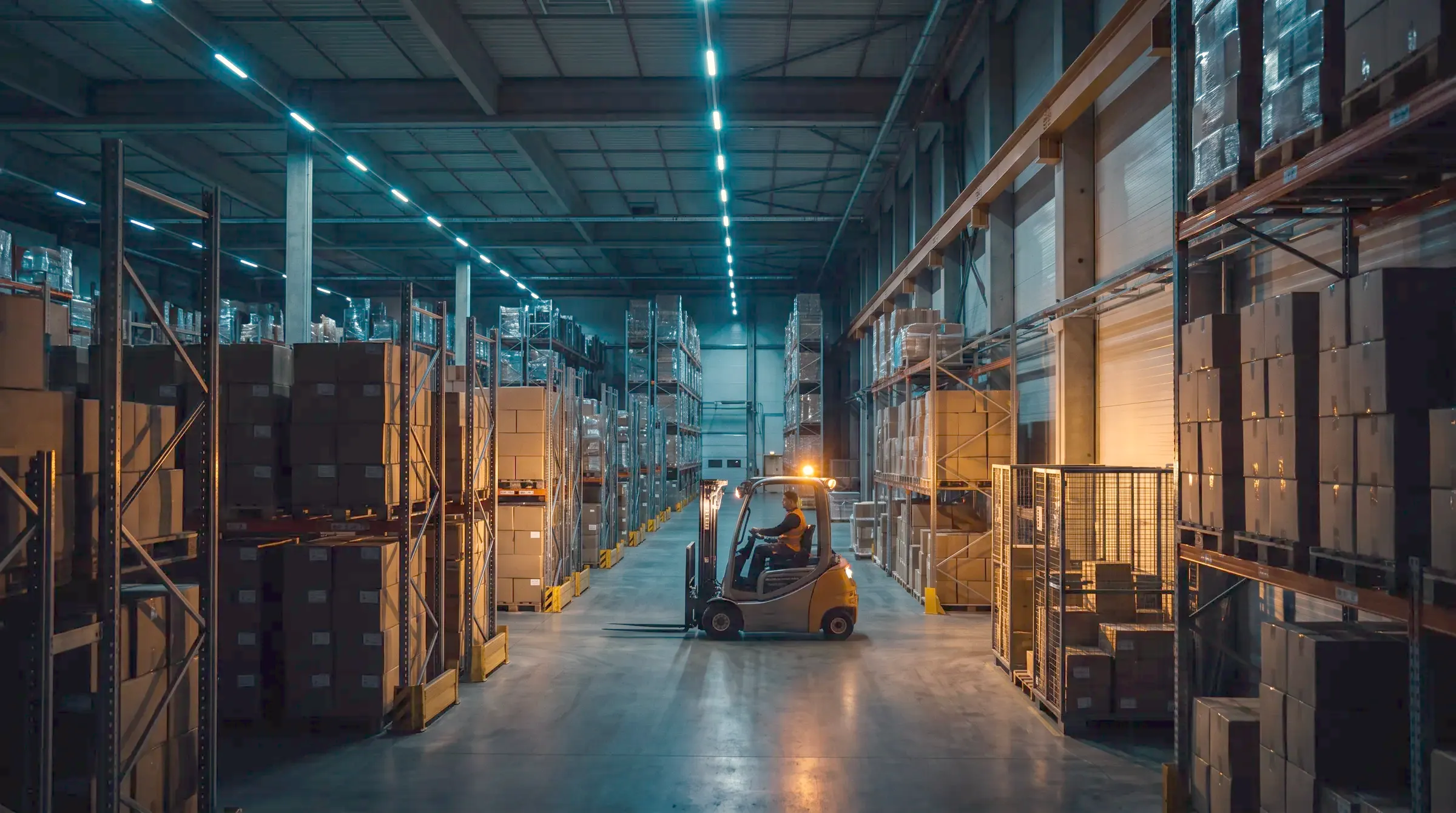 High-bay warehouse with racking and a forklift