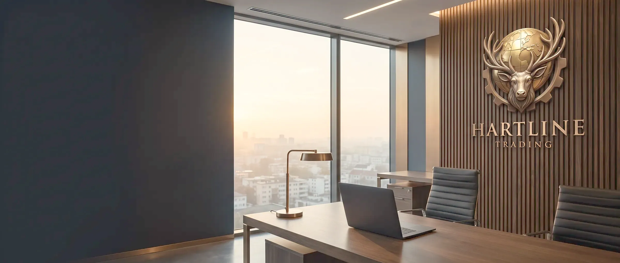 Dubai skyline at dawn from a high office window