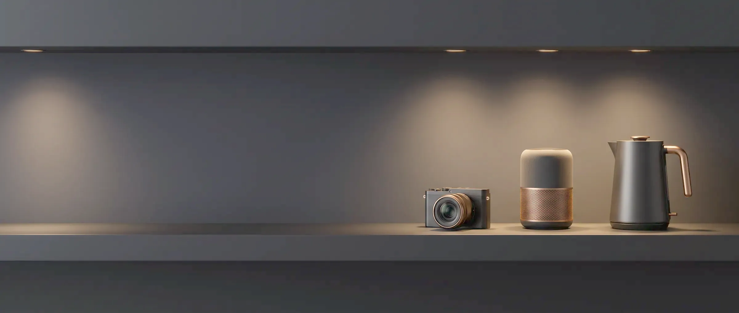 Gallery shelf displaying a curated line of electronics