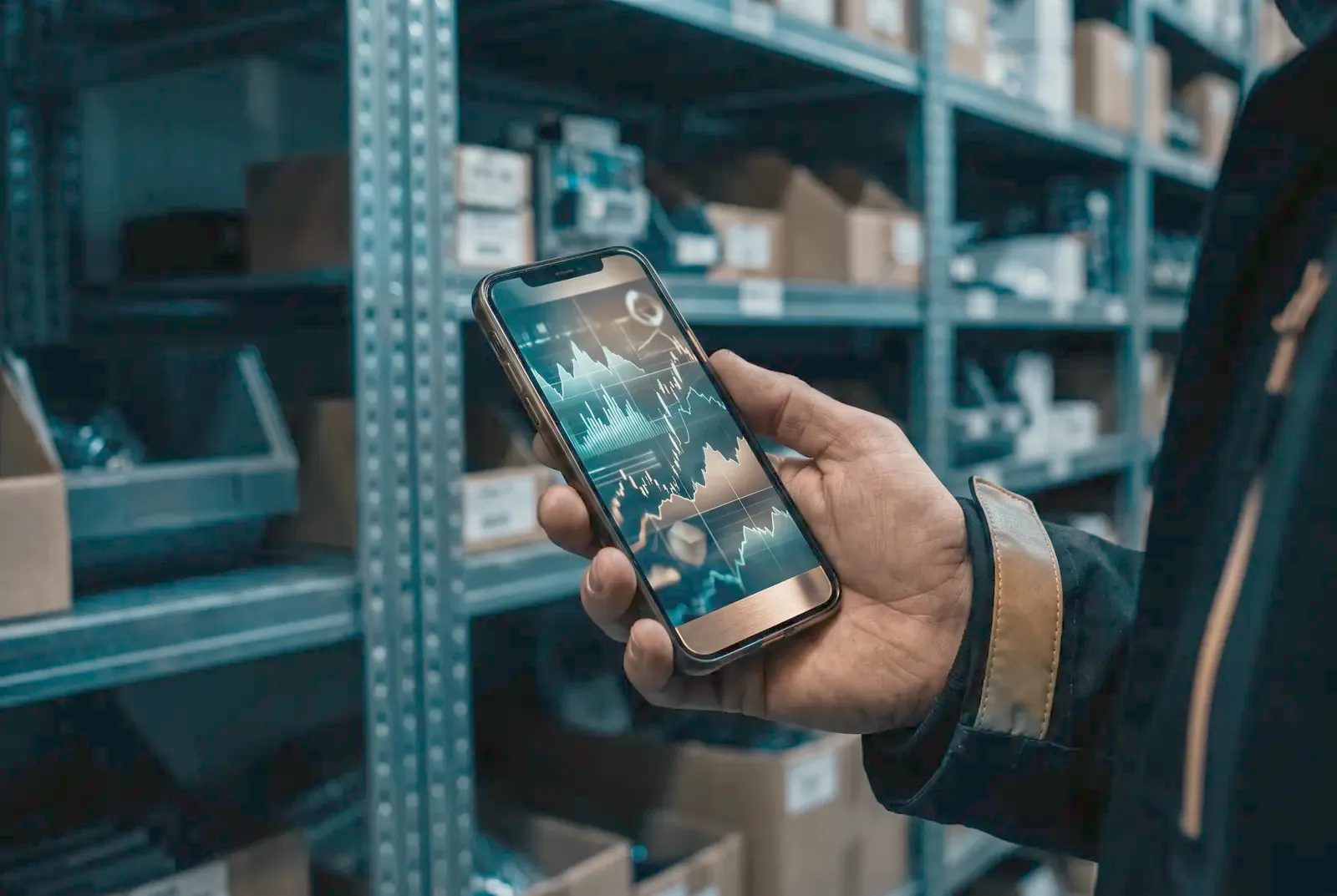 Hand holding a phone showing a stock dashboard