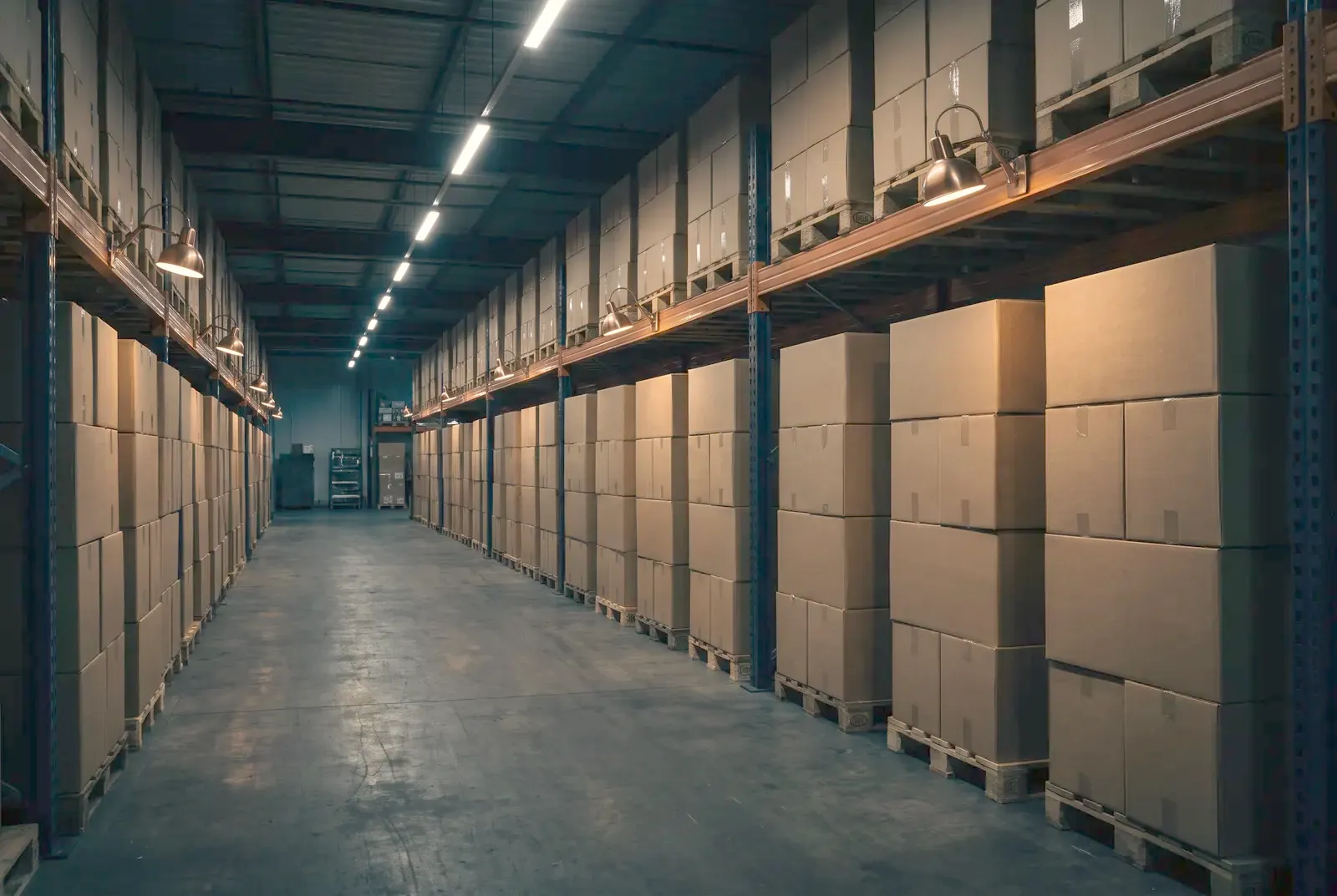 Warehouse aisle with stacks of cartons on pallets