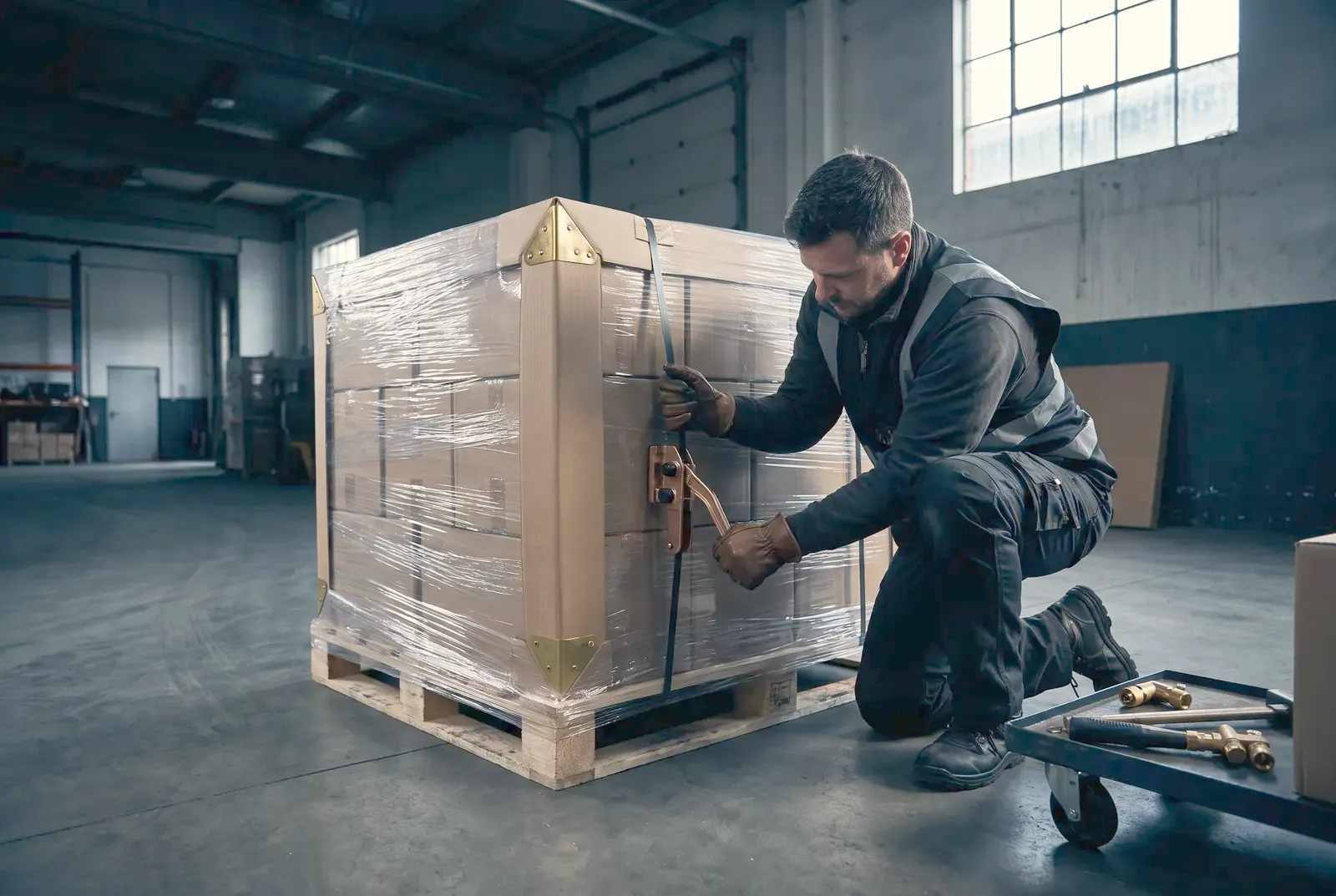 Worker strapping a palletised export shipment