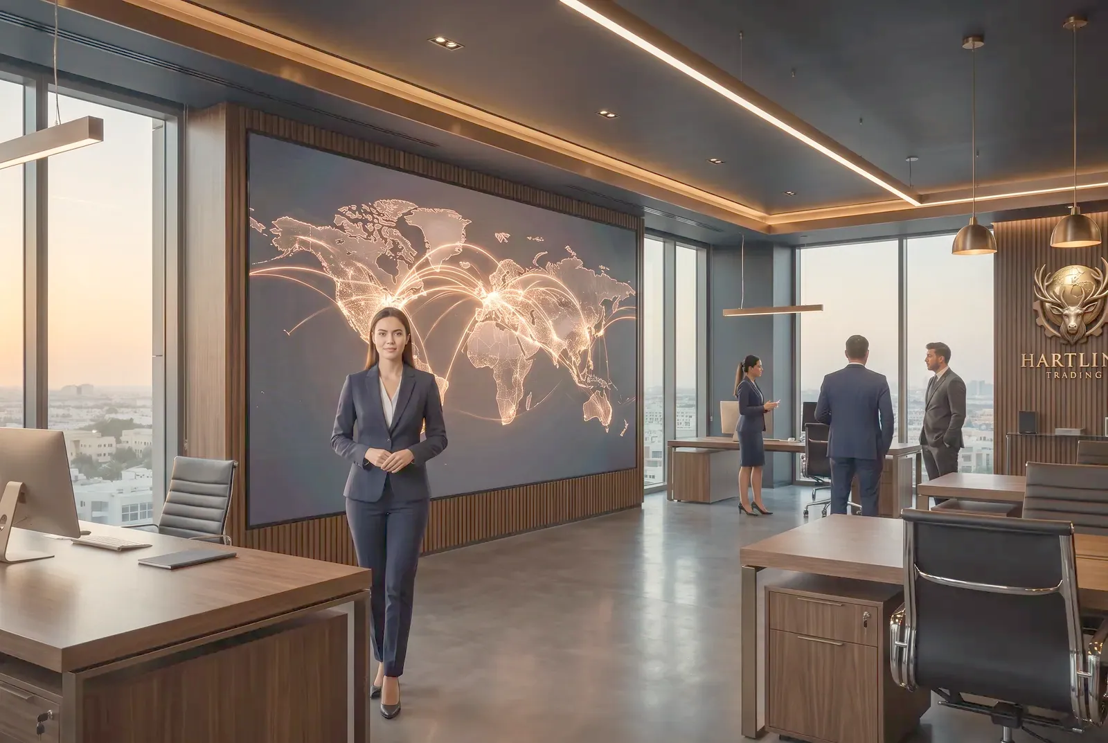 Coordinator in front of a world route map