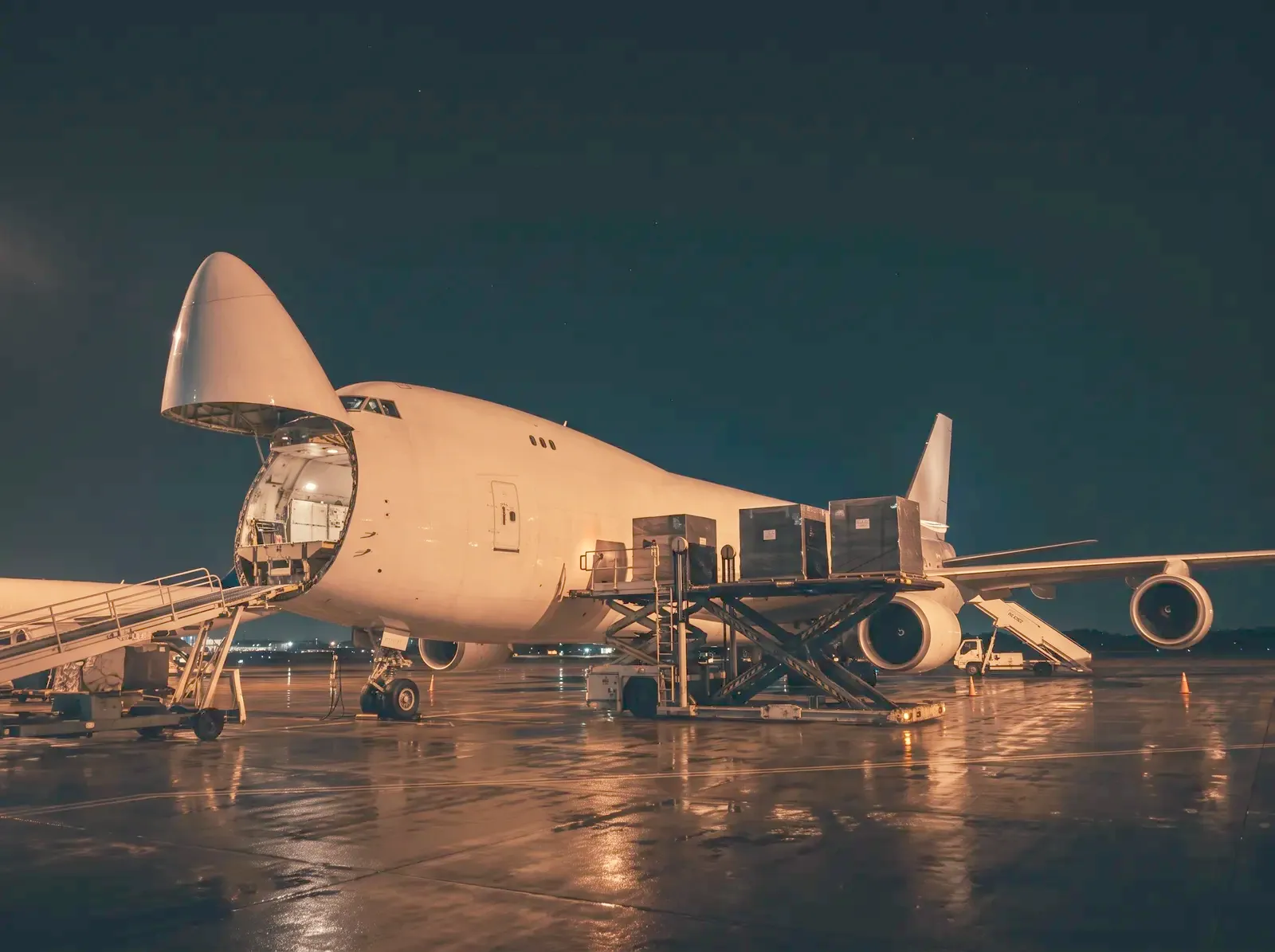 Pallets being loaded into a cargo aircraft at night