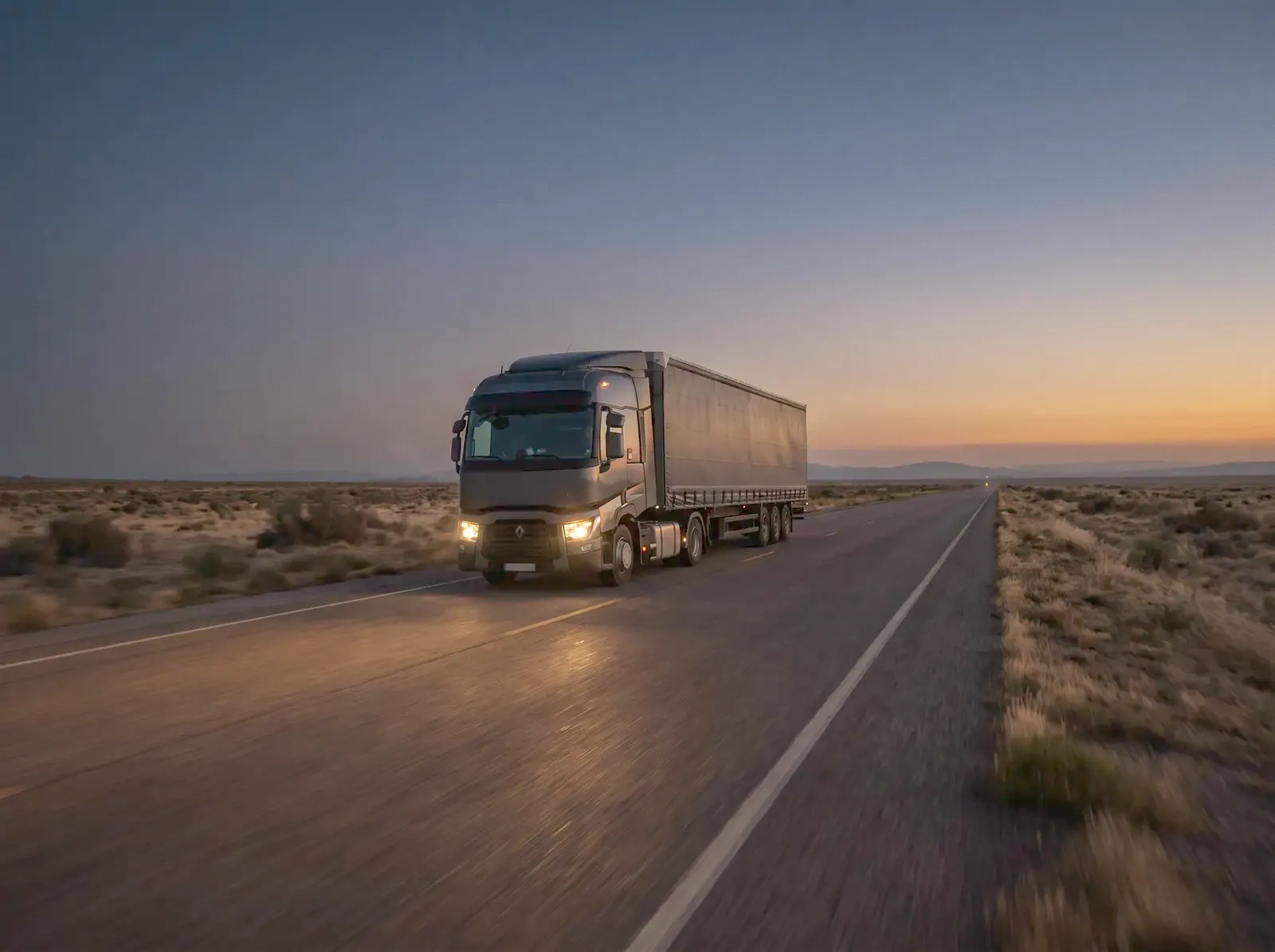 Articulated truck on a desert highway at dusk